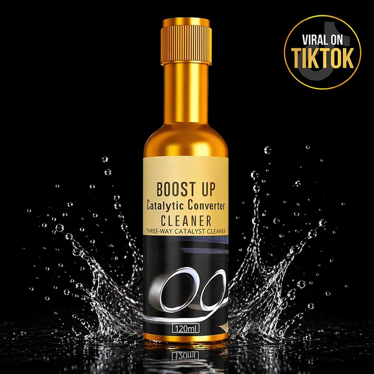 Tokbolt catalytic converter cleaner 120 ml bottle on dark background