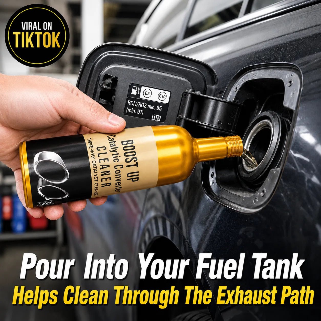 Tokbolt catalytic converter cleaner bottle being poured into a vehicle fuel tank