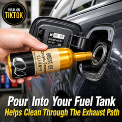 Tokbolt catalytic converter cleaner bottle being poured into a vehicle fuel tank