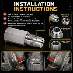 Oxygen sensor spacer installation diagram with threaded tip and mesh detail