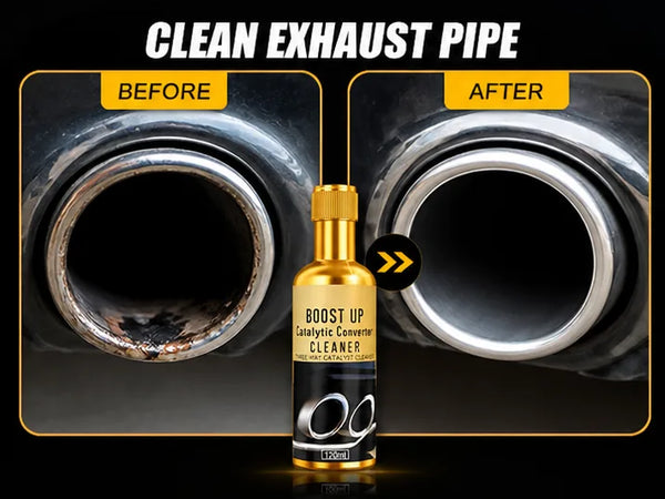 Catalytic converter cleaner before and after exhaust pipe cleaning graphic