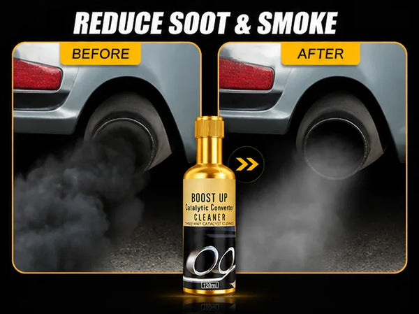 Catalytic converter cleaner before and after soot and smoke reduction graphic
