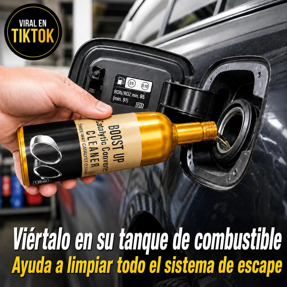 Tokbolt catalytic converter cleaner bottle being poured into a vehicle fuel tank