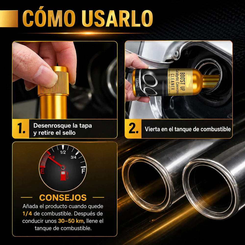 Catalytic converter cleaner use steps with bottle and fuel filler image