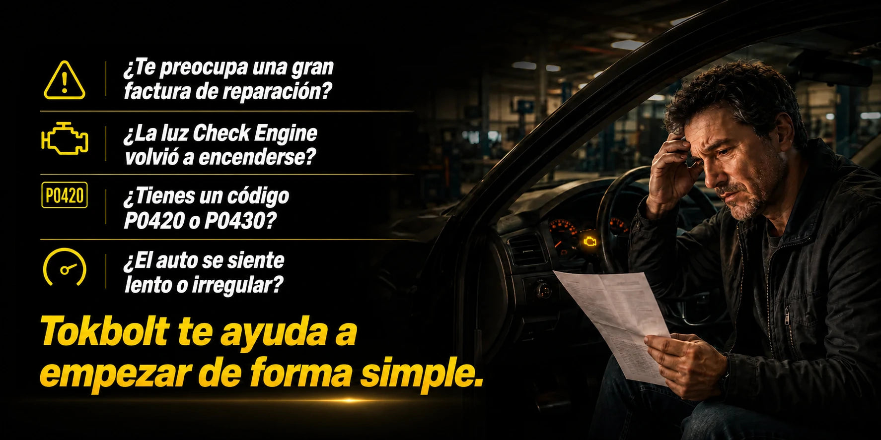 Conductor revisando una luz Check Engine en el tablero