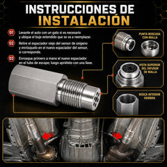 Oxygen sensor spacer installation diagram with threaded tip and mesh detail